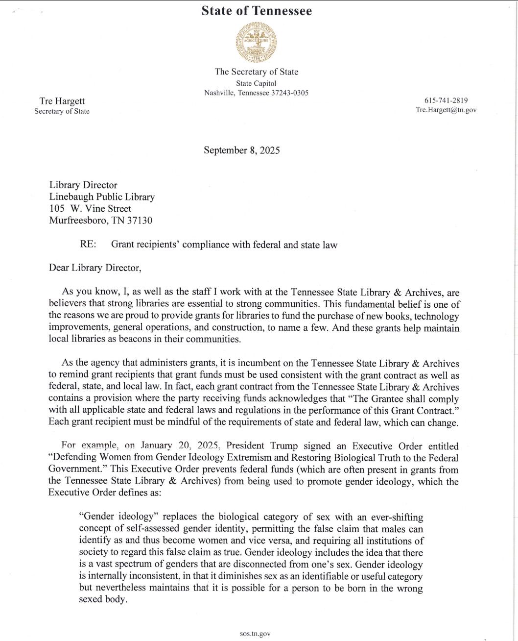 Letter sent by the TN secretary of state to RCLS.