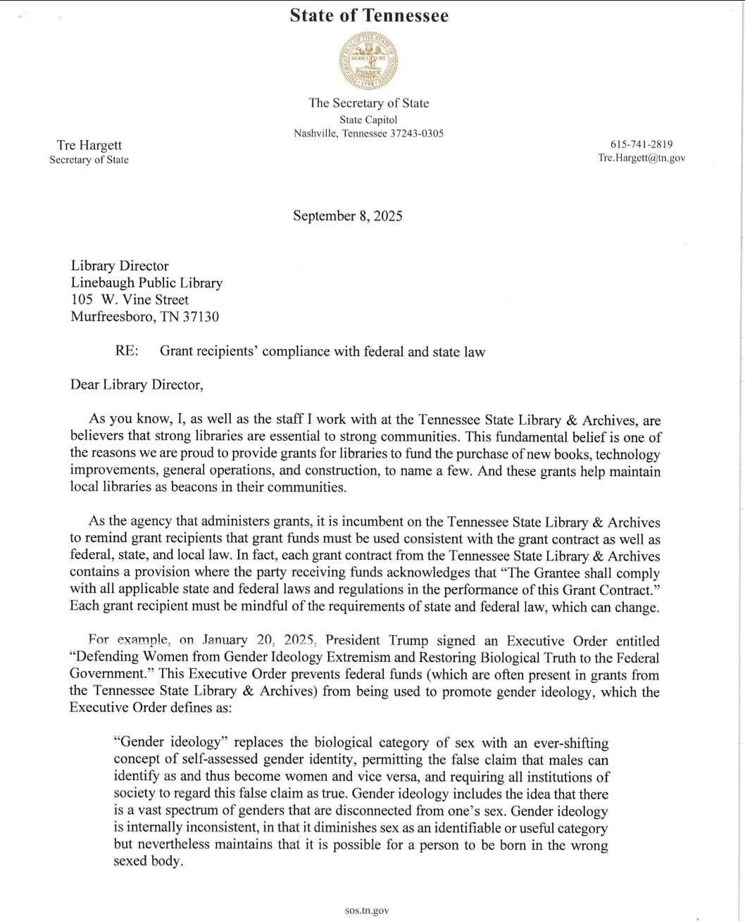 Letter sent by the TN secretary of state to RCLS.