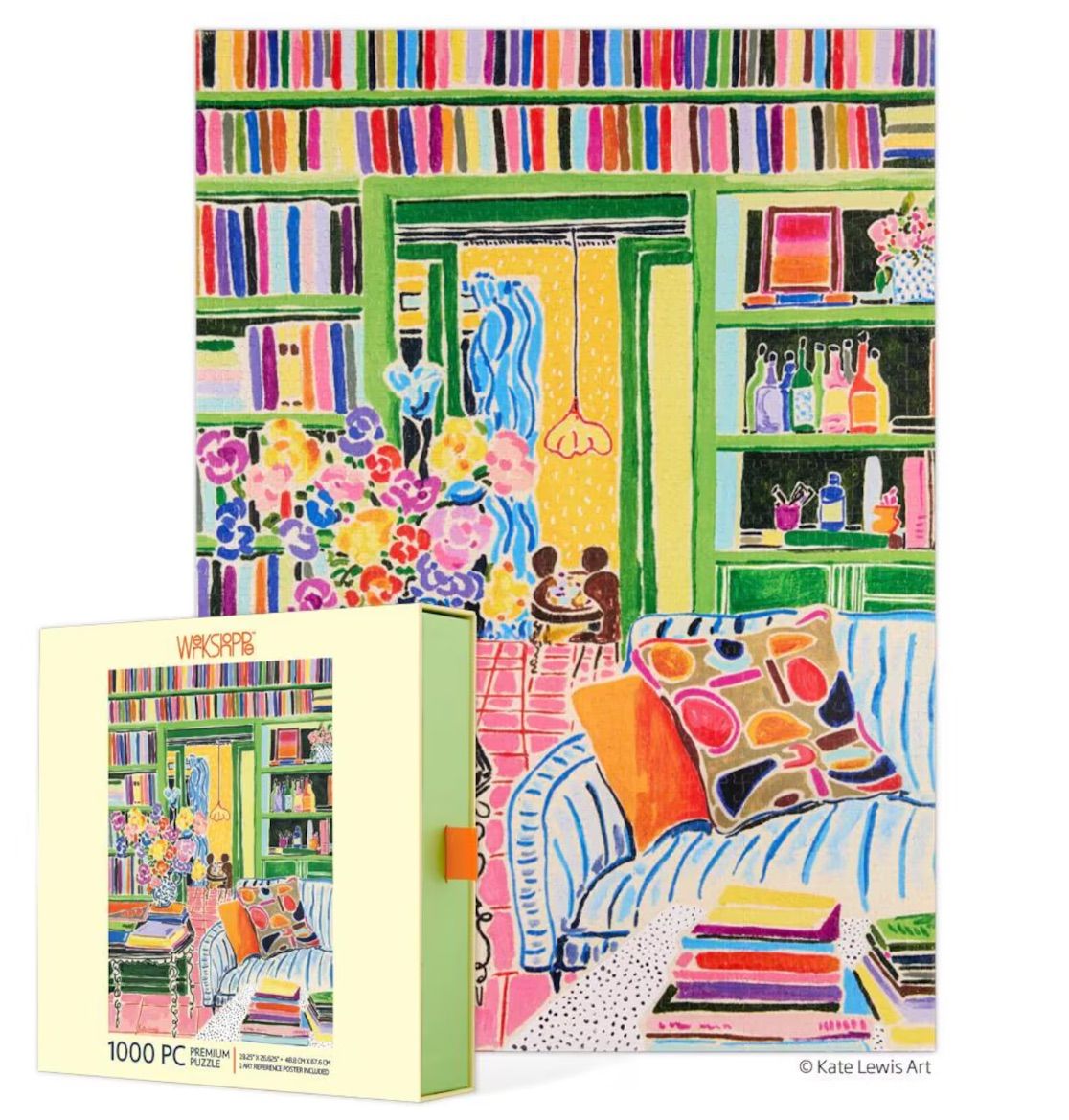 Image of a colorful puzzle. It features a rainbow of book spines and flowers. 