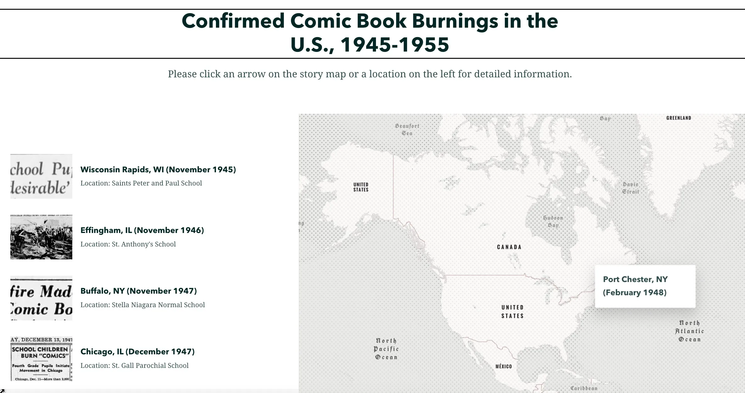Image from Puaca's Comic Book Burnings Project featuring a map of confirmed comic book bannings in the US between 1945 and 1955.