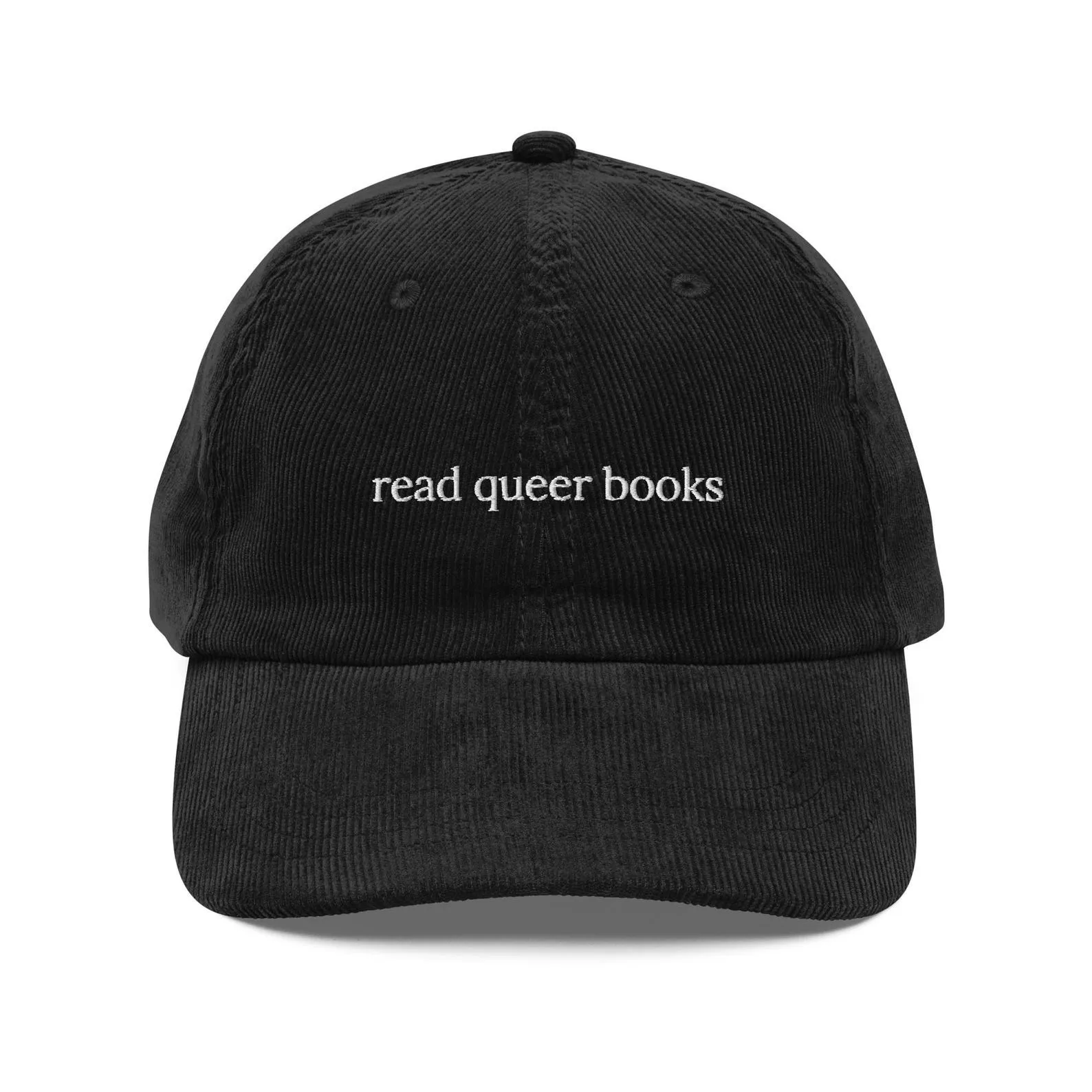 Corduroy hat with the text Read Queer Books