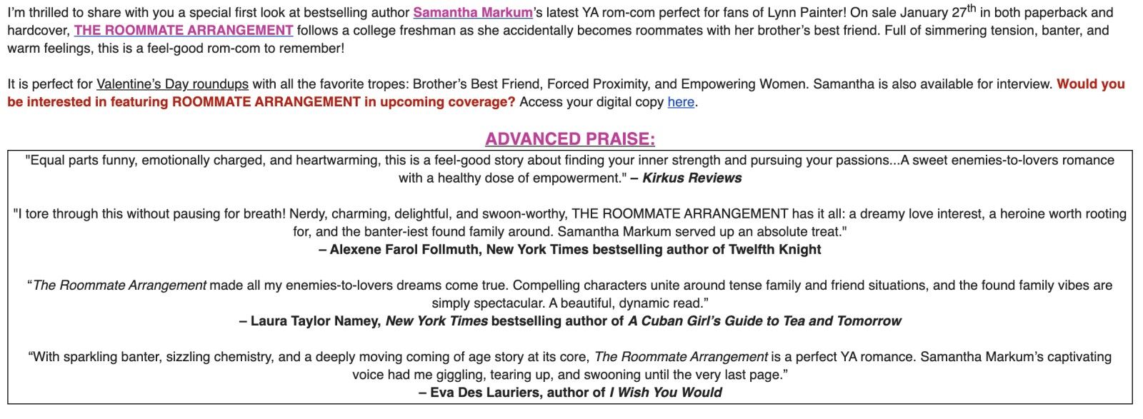 email pitch for the book the roommate arrangement. It includes the phrases “sizzling chemistry” and “simmering tension.”