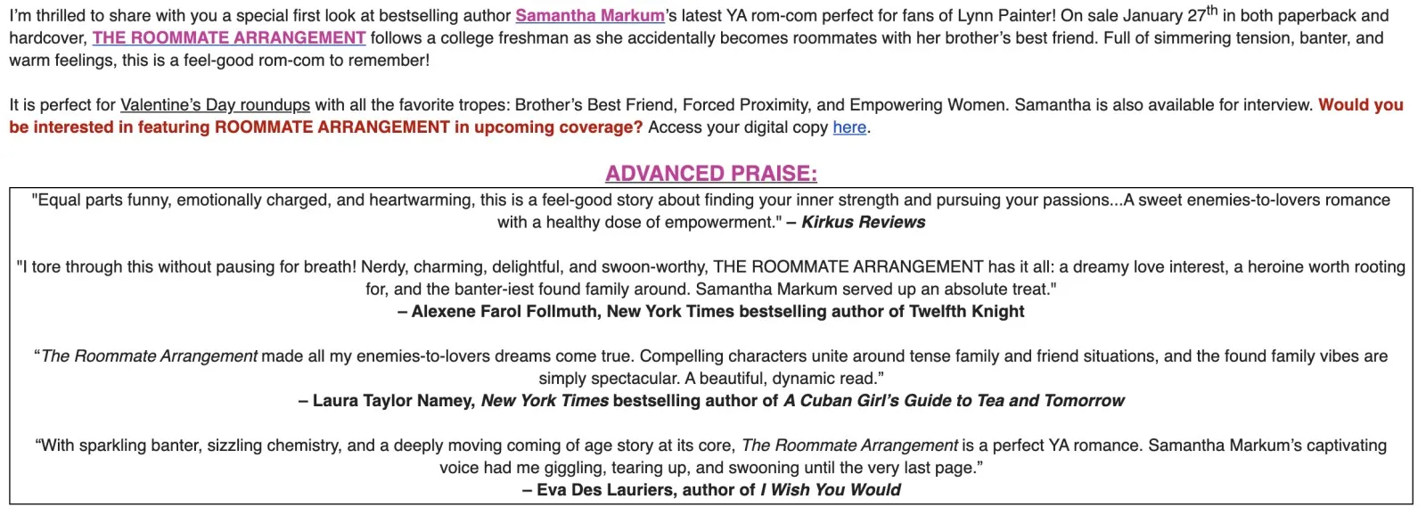 email pitch for the book the roommate arrangement. It includes the phrases "sizzling chemistry" and "simmering tension."
