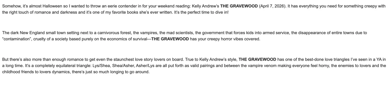 Image of a pitch for Kelly Andrew's book The Graveyard.