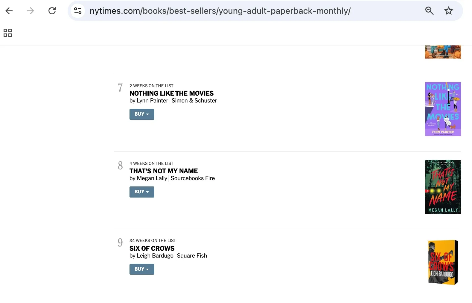 screenshot from the monthly new york times bestseller list for YA paperback books with the cover of Six of Crows made for adult readers.