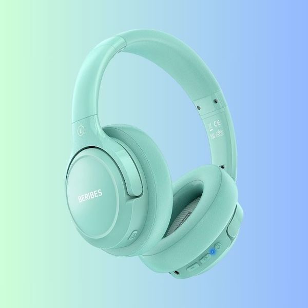 pair of aqua green over-ear bluetooth headphones