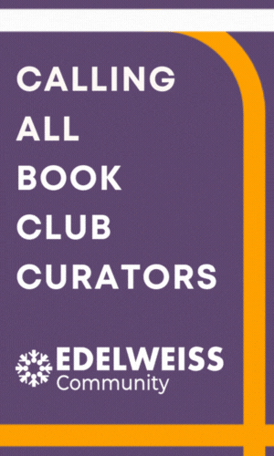promotional image for Edelweiss Book Club Curator community. White text on a purple background says 