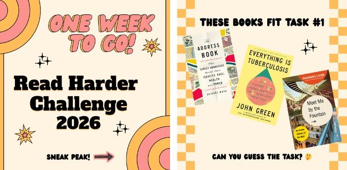 two instagram graphics counting down to the announcement of the 2026 Read Harder Challenge