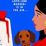 cropped cover of Death and Dinguan by Mia P. Manansala. A woman with brown skin and dark brown hair holding a small dog looking upon a table with a pool of blood on its tablecloth