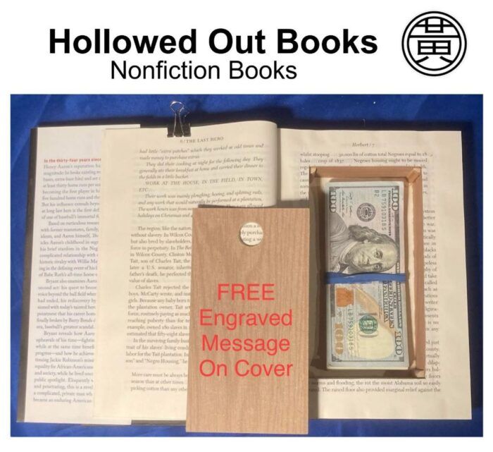 image of an open book with a currency-sized hollow in the middle of it with money inside