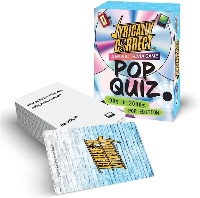 Lyrically Correct card game packaging next to the game's card deck