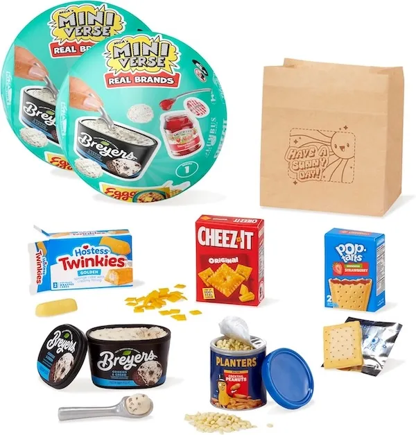 assortment of miniature craft versions of real products, including Breyer's Ice Cream and a box of Cheez-Its