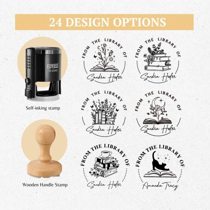 an image showing different stamp options: self inking or wooden handle, and then different images that go with the words "From the library of"