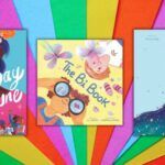 covers of three queer picture books on a rainbow burst background