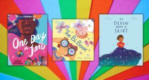 covers of three queer picture books on a rainbow burst background