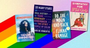 four covers of queer books against a rainbow background