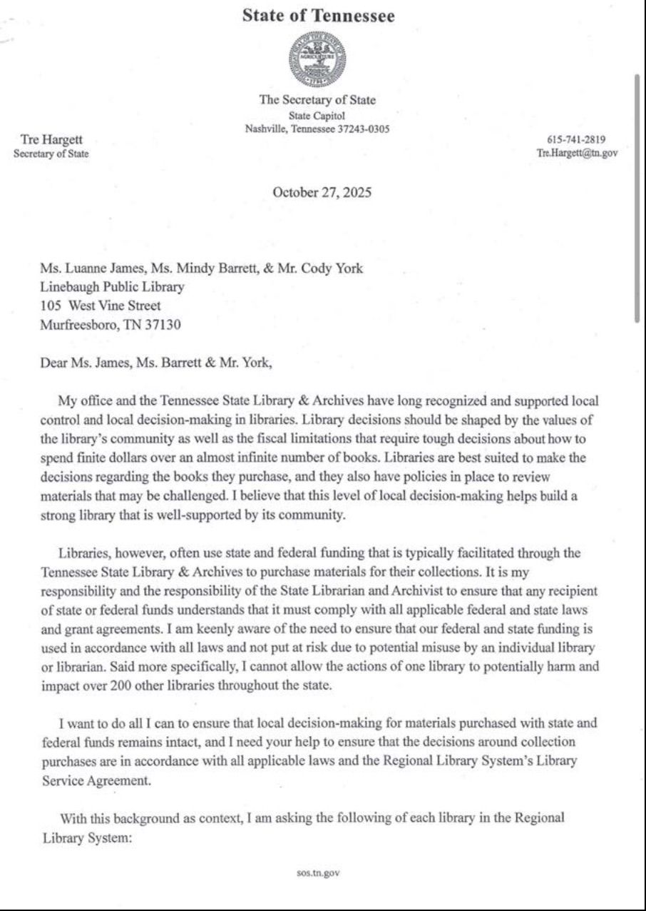 First page of RCLS letter recieved from the secretary of state.
