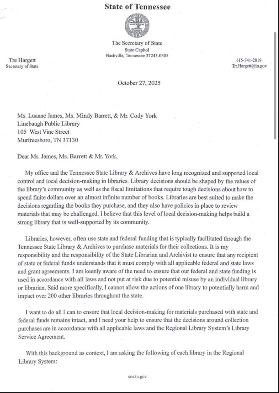 First page of RCLS letter recieved from the secretary of state.