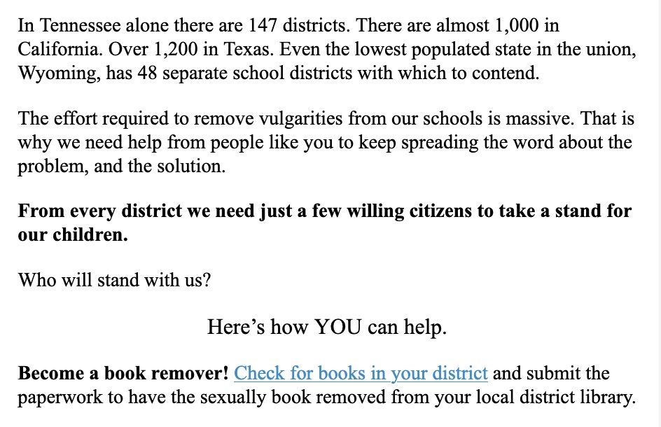 A passage from Karen England's most recent newsletter for Take Back the Classroom, asking people to "become a book remover!"