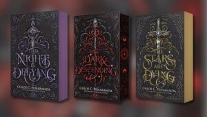 Book covers of the Nytefall Trilogy, featuring The Stars Are Dying, The Night Is Defying, and The Dark Is Descending by Chloe C. Peñaranda