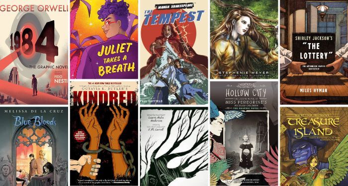 Collage of banned comics that are adaptations of novels