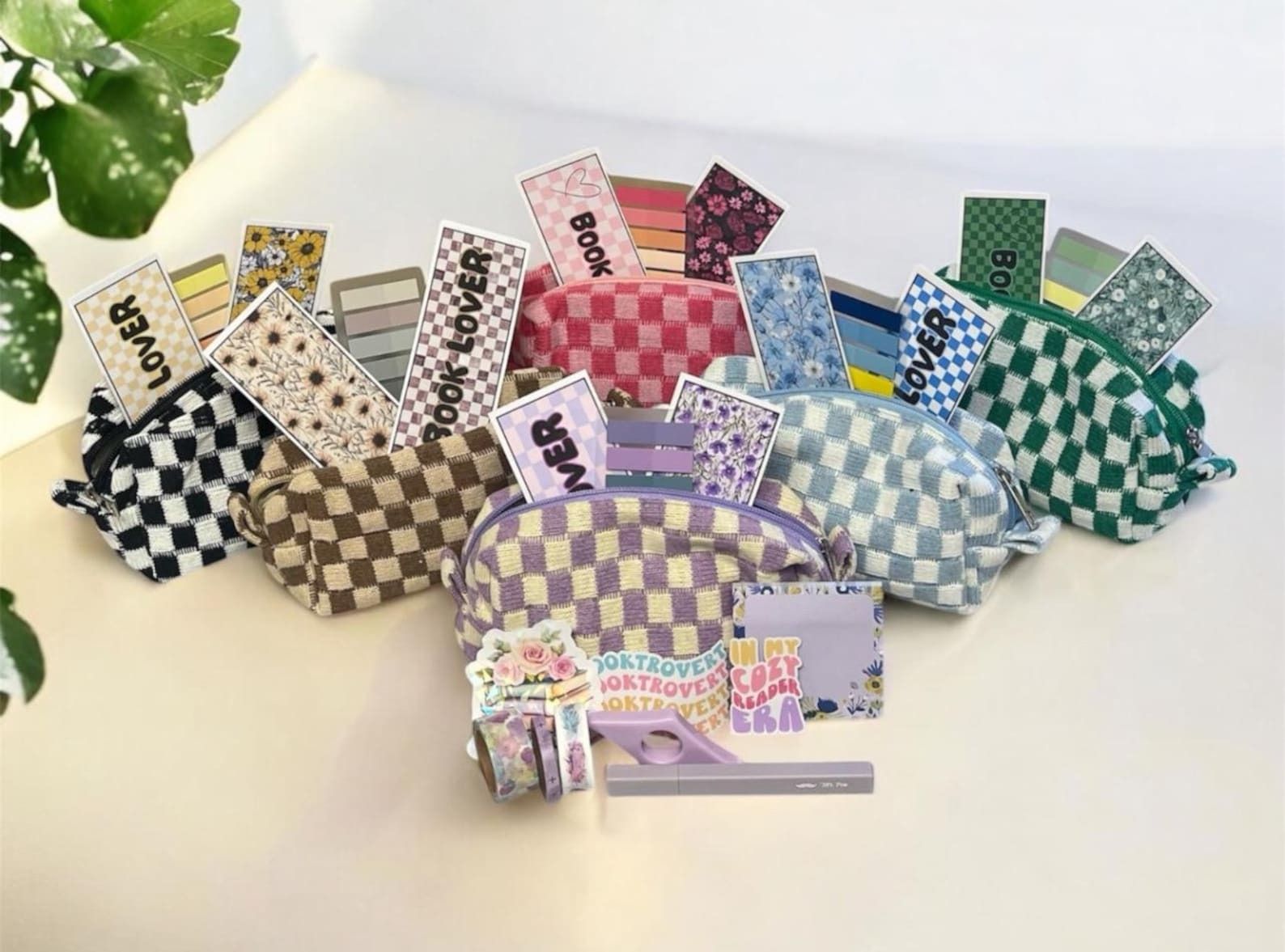 book annotation supplies in a checkered zip up bag