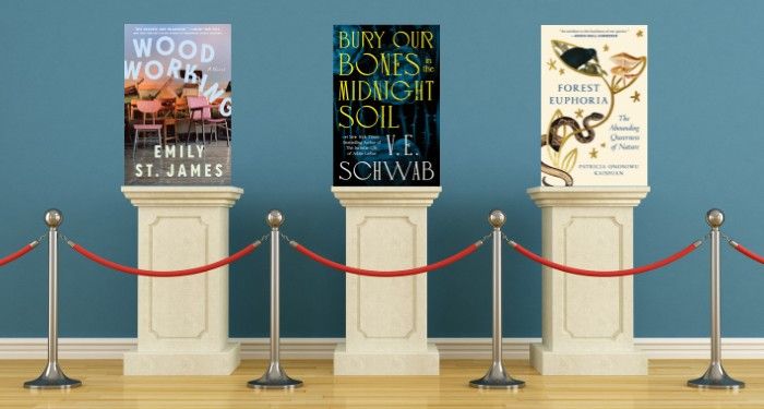 the covers of queer books on pedastals