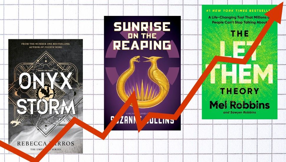 three book covers on a bar graph with a red upward-trending arrow