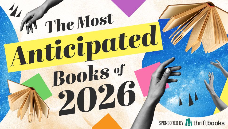 promotional image for Book Riot’s Most Anticipated Books of 2026 lkst. A graphic of a hand reaching for an open book
