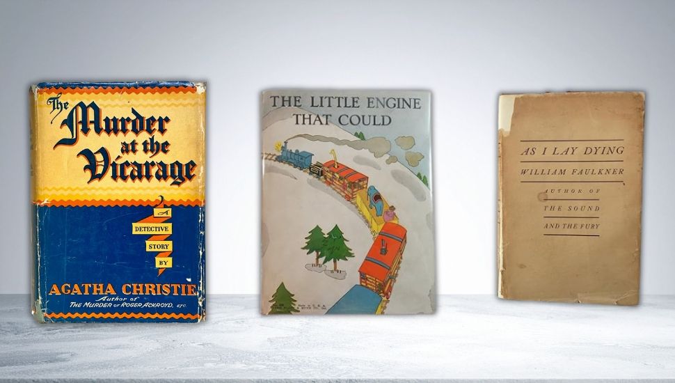 collage of covers of three books entering the public domain: Murder at the Vicarage by Agatha Christie, The Little Engine That Could by Watty Piper, and As I Lay Dying by William Faulkner