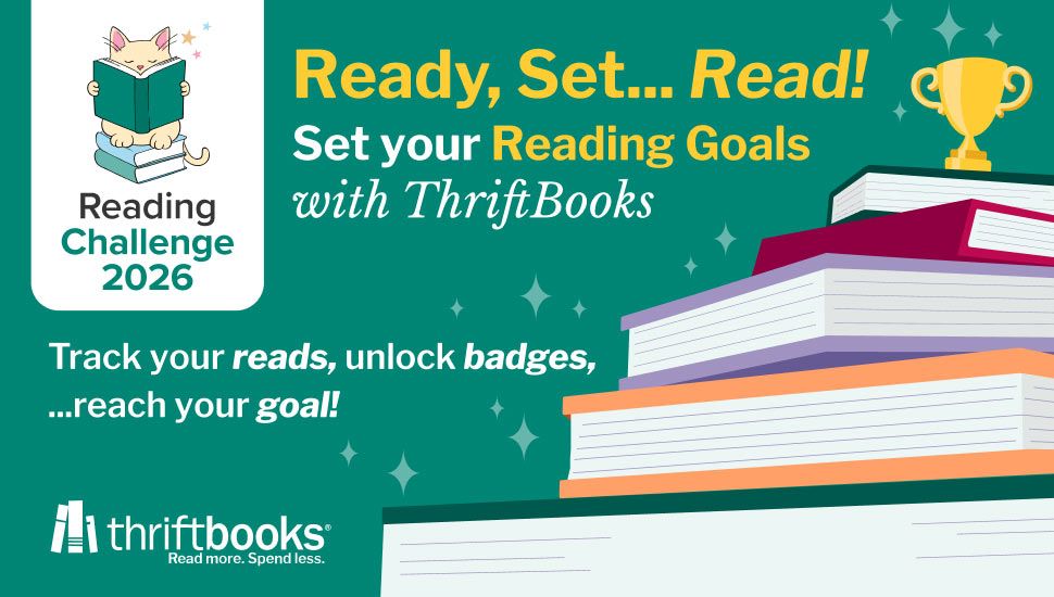 image promoting Thriftbooks’s 2026 reading challenge: a graphic of a stack of book on the right next to text announcing the challenge on the left