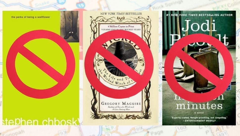 covers of three books with a red banned sign on them: Wicked: The Life and Times of the Wicked Witch of the West by Gregory Maguire&nbsp; Nineteen Minutes by Jodi Picoult The Perks of Being a Wallflower by Stephen Chbosky